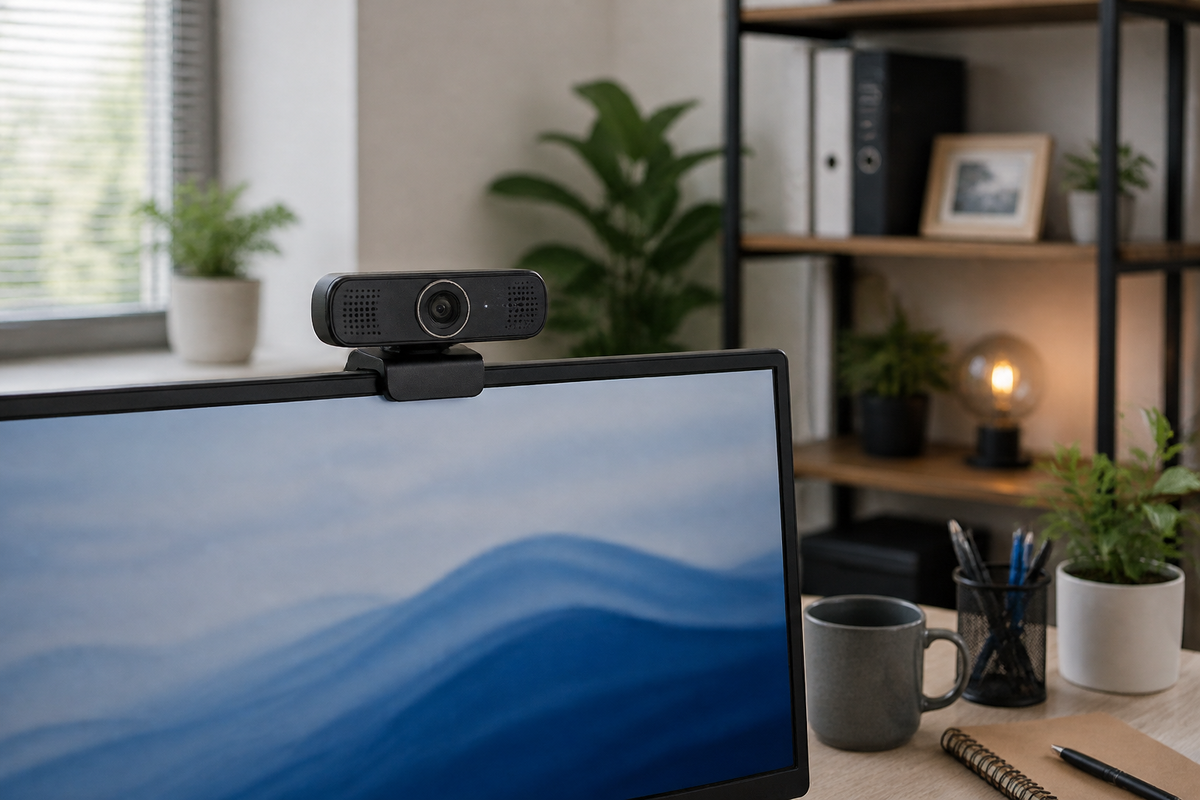 Detail externí webkamery umístěné na monitoru v moderním pracovním prostředí, vedle klávesnice a poznámkový blok.