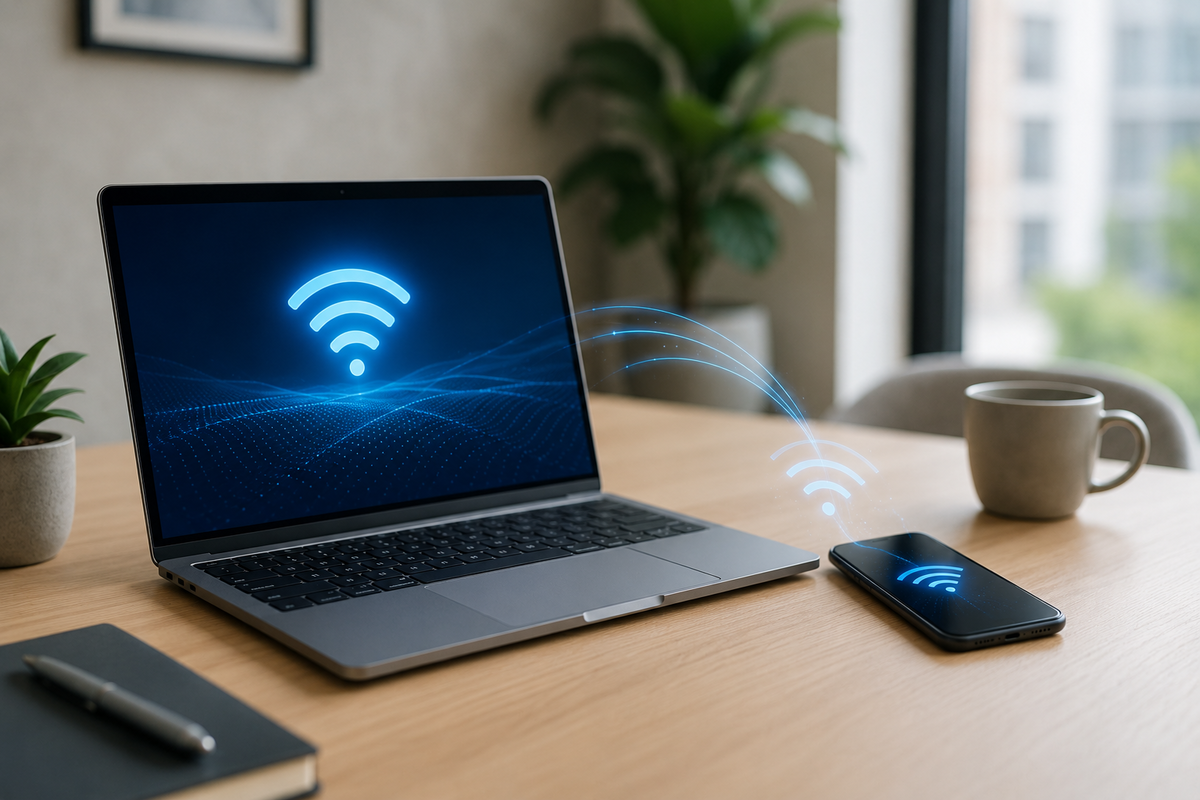 Notebook a telefon na stole s ikonou Wi-Fi.