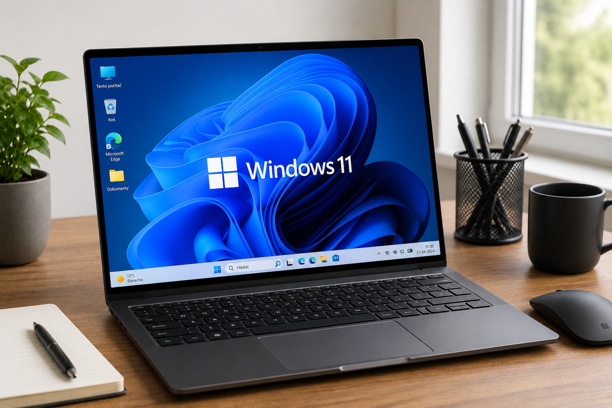 Notebook s modrou tapetou se systémem Windows 11 na pracovním stole