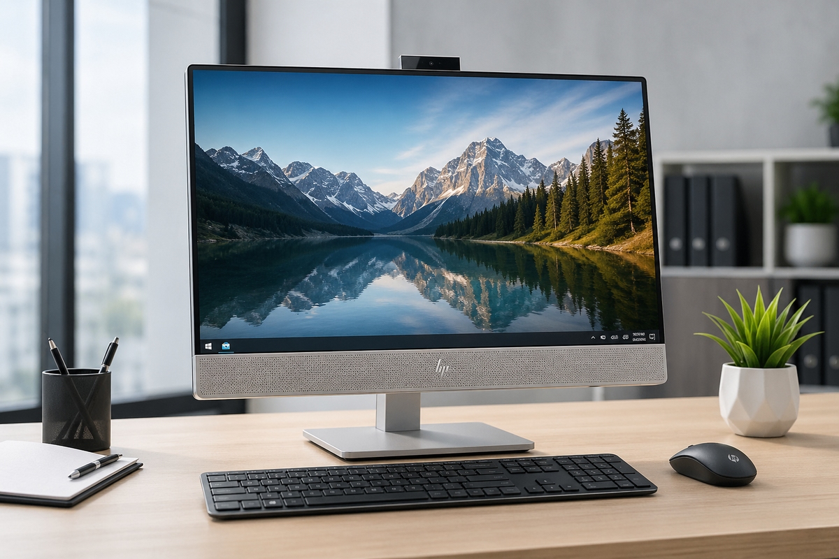 All in one počítač na stole s tapetou hor a jezerem.