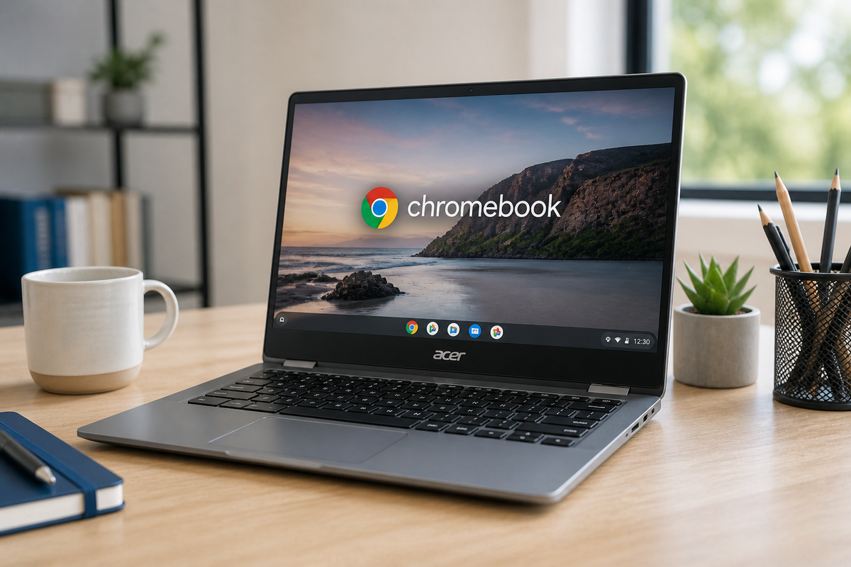Acer Chromebook otevřený na stole.