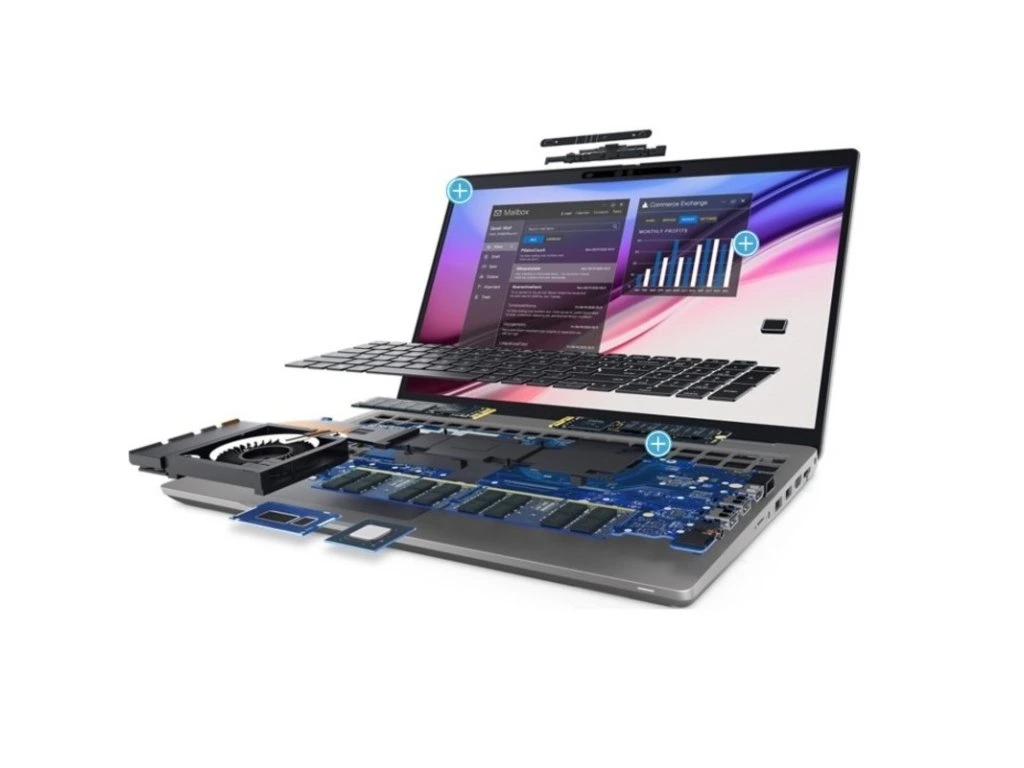 Notebook Dell postupne zložený z jednotlivých komponentov.