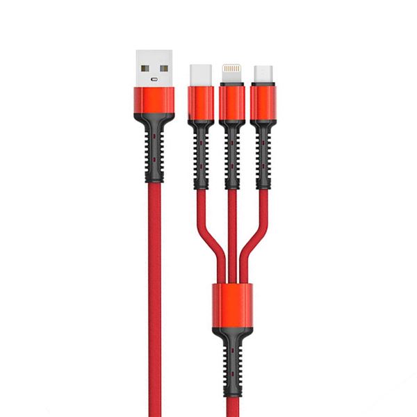 Nabíjecí kabel 3v1, Type-C, Micro USB, Lightning, 1,2m - Červený