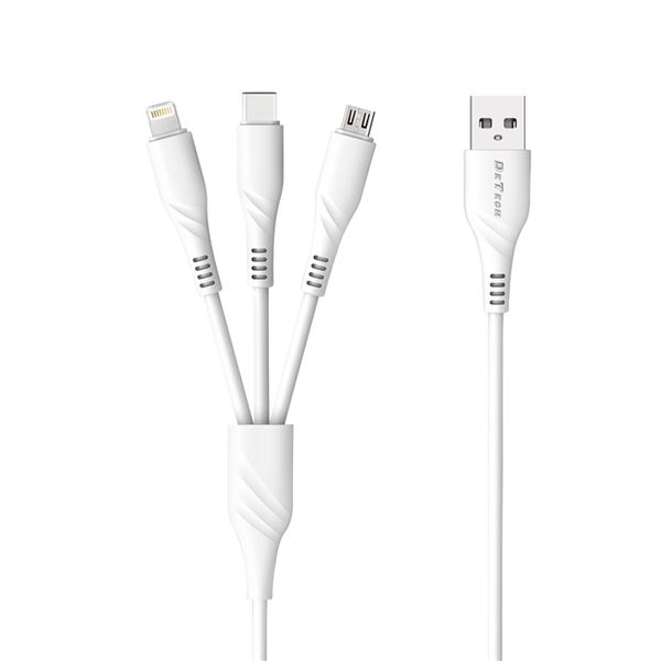 Nabíjecí kabel DeTech 3v1, Micro USB, Lighting, Type-C, 1m - Bílý