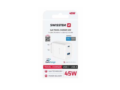 _SWISSTEN CORE GaN síťový adaptér 45W USB-C PD + USB-A QC – bílá.jpg
