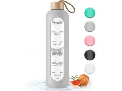 Skleněná motivační láhev na vodu 1000 ml (Barva Růžová)