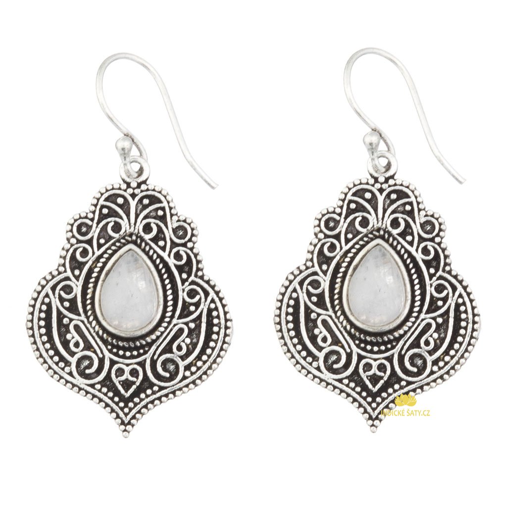 Indické náušnice z bílého kovu s měsíčním kamenem