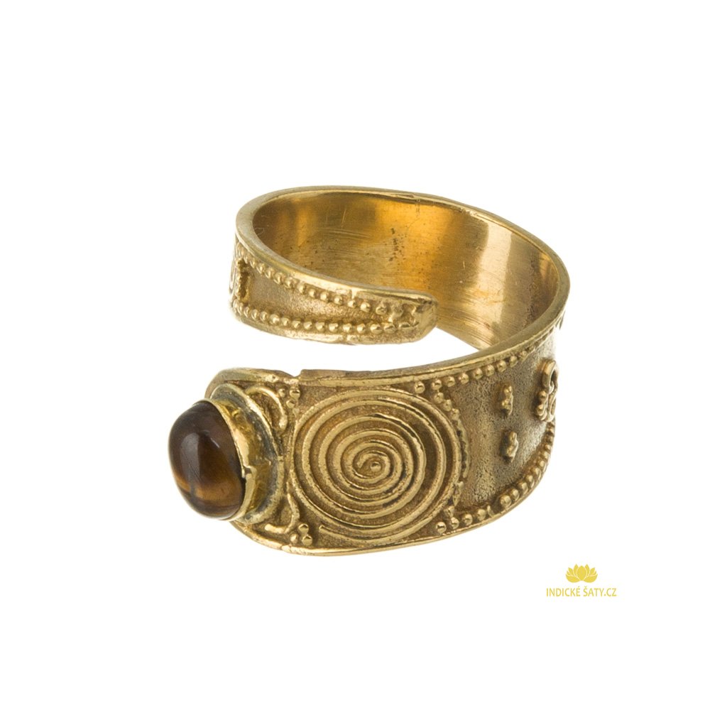 Indický prsten z mosazi s ornamentem a tygřím okem