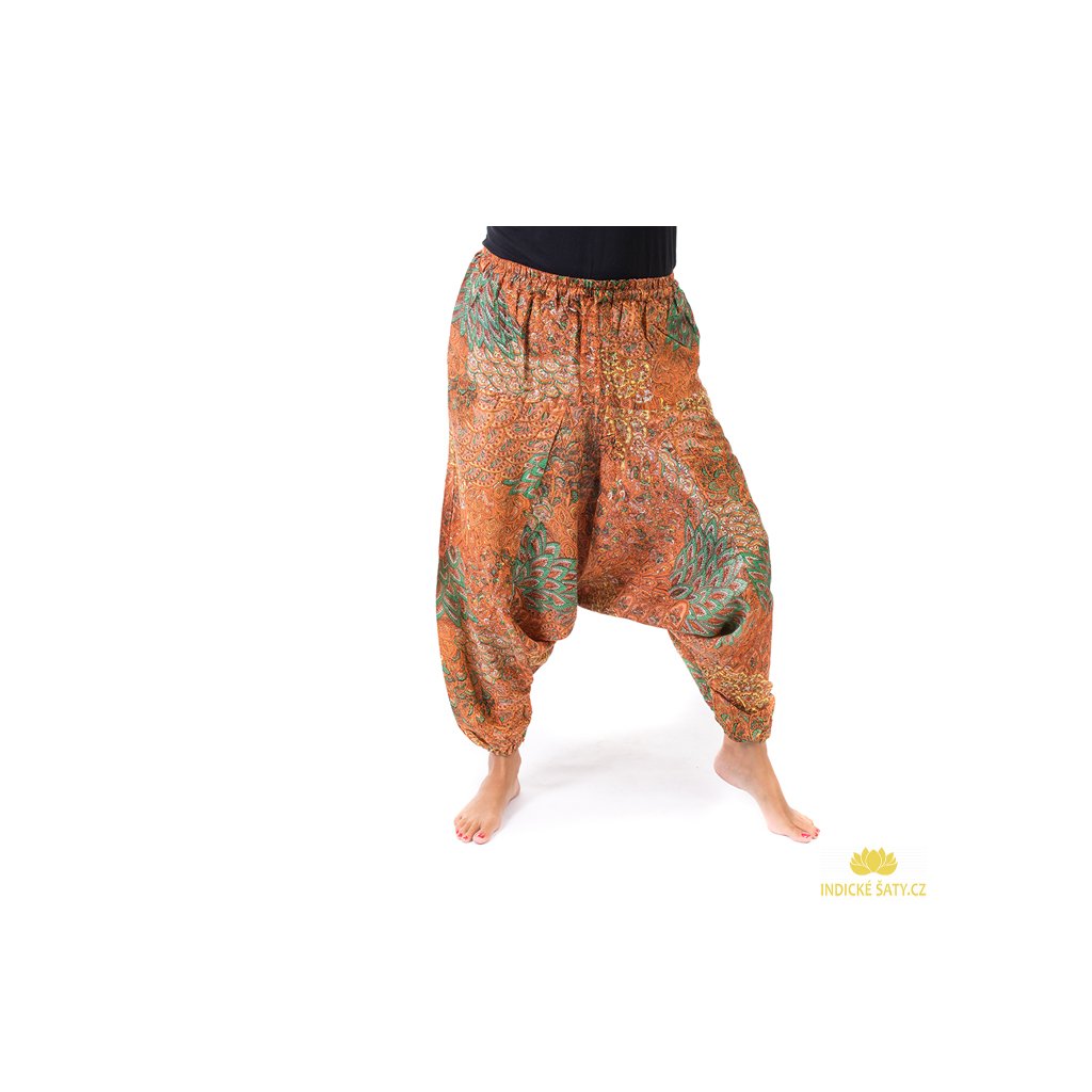 Harémové kalhoty s indickým vzorem oranžové - Indické Šaty