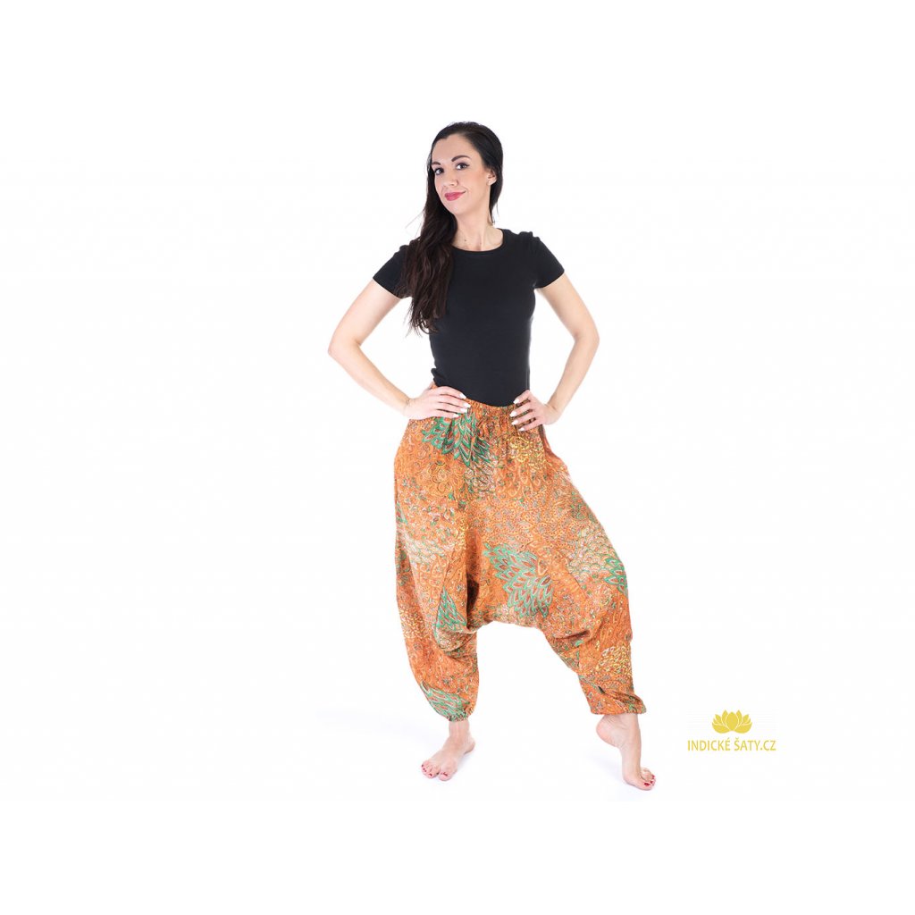 Harémové kalhoty s indickým vzorem oranžové