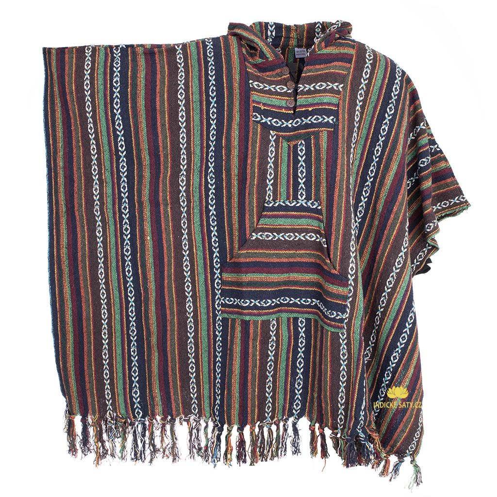 Pončo z tkané bavlny zavazovací hnědozelené