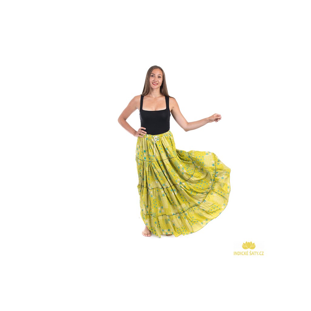 Dlouhá indická sukně z lehké bavlny a s podšívkou citrónová