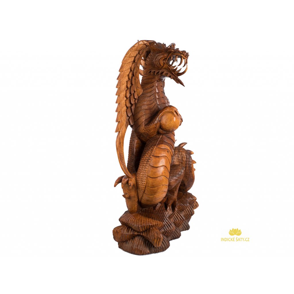 Dřevěná socha draka s křídly a perlou 100 cm