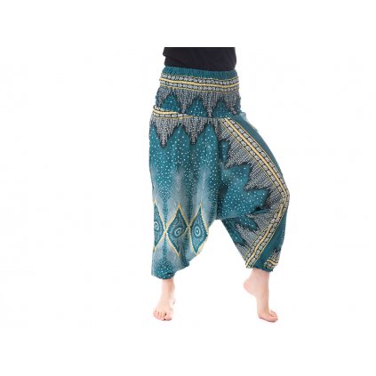 Harémové kalhoty paví vzor modré