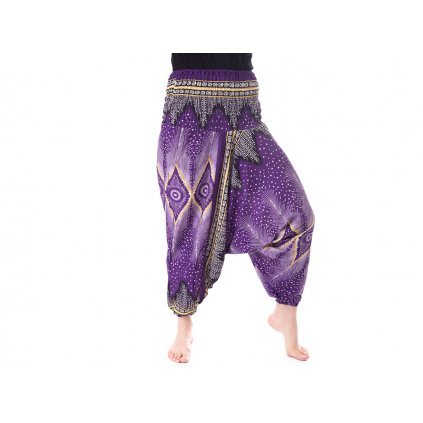 Harémové kalhoty paví vzor fialové