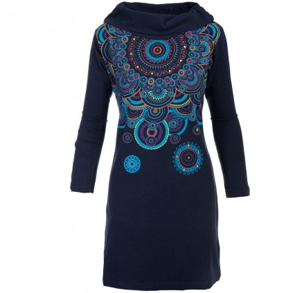 Šaty s dlouhým rukávem ze strečové bavlny s rolákem Mandala modré