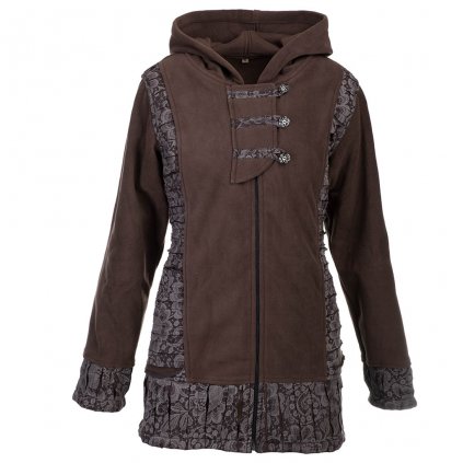 Flísový kabát s kapucí na zip a knoflíky hnědý (L)