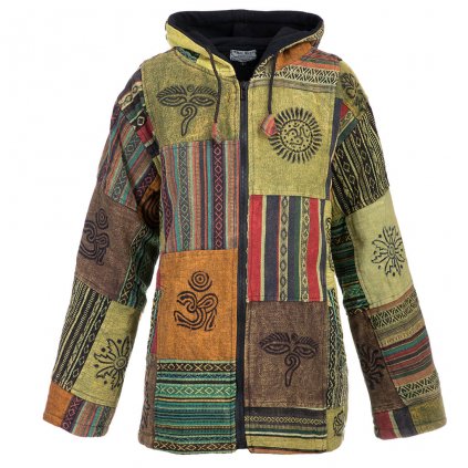 Bavlněný patchwork kabát podšitý flísem s ručním tiskem zelený (L)