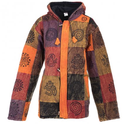 Bavlněný patchwork kabát podšitý flísem s ručním tiskem červenohnědý (L/XL)