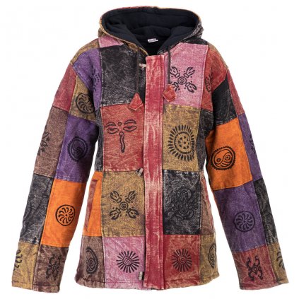 Bavlněný patchwork kabát podšitý flísem s ručním tiskem červenohnědý (L)
