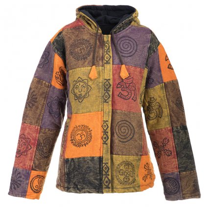 Bavlněný patchwork kabát podšitý flísem s ručním tiskem červenohnědý (L)
