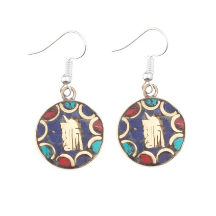 Náušnice v tradičním tibetské a kašmírském stylu - vykládané barevnou drtí kamenů, vykládané měděnými ornamenty. Více v popisu níže :)