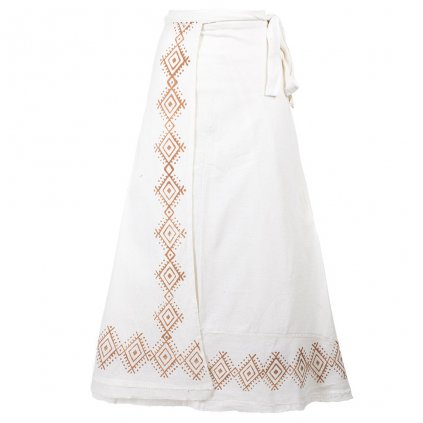 Dlouhá bavlněná zavinovací sukně s ručním tiskem přírodní světlá