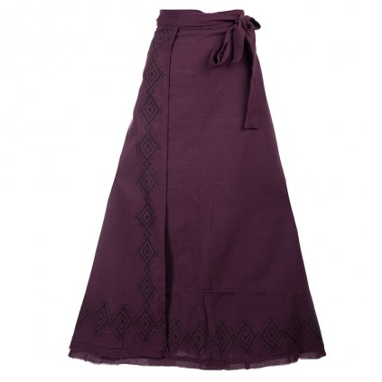 Dlouhá bavlněná zavinovací sukně s ručním tiskem fialovovínová