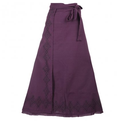 Dlouhá bavlněná zavinovací sukně s ručním tiskem fialová