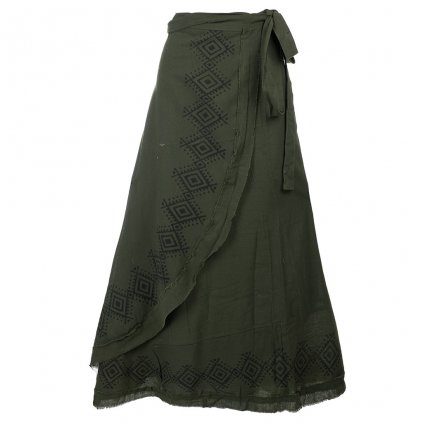Dlouhá bavlněná zavinovací sukně s ručním tiskem tmavě zelená
