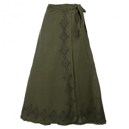 Dlouhá bavlněná zavinovací sukně s ručním tiskem zelená