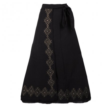 Dlouhá bavlněná zavinovací sukně s ručním tiskem černá