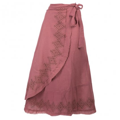Dlouhá bavlněná zavinovací sukně s ručním tiskem světle růžová
