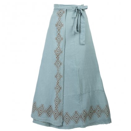 Dlouhá bavlněná zavinovací sukně s ručním tiskem šedomodrá
