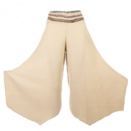 Křídlaté kalhoty z bavlny s ručním tiskem přírodní světlé
