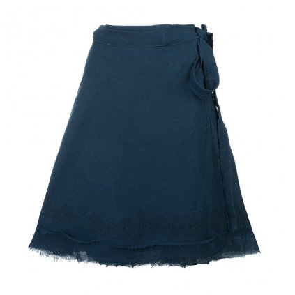Krátká bavlněná zavinovací sukně s ručním tiskem tmavě modrá