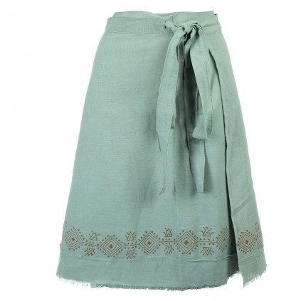 Krátká bavlněná zavinovací sukně s ručním tiskem světle zelenomodrá