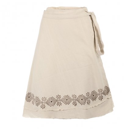 Krátká bavlněná zavinovací sukně s ručním tiskem přírodní světlá