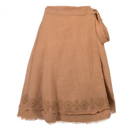 Krátká bavlněná zavinovací sukně s ručním tiskem velbloudí hnědá