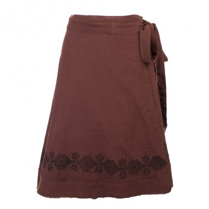 Krátká bavlněná zavinovací sukně s ručním tiskem hnědočervená