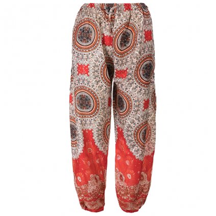 Indické kalhoty z rayonu ornament a paví peří červené