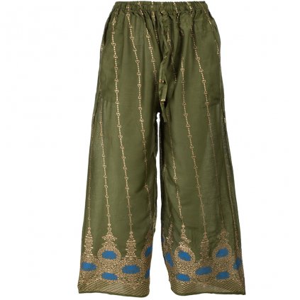 Volné kalhoty se zlatým tiskem z rayonu zelené
