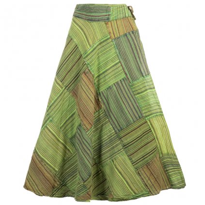 Dlouhá bavlněná zavinovací sukně patchwork stonewash zelená