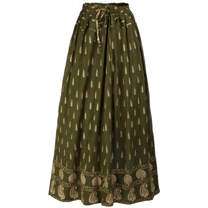 Dlouhá indická sukně z rayonu se zlatým tiskem zelená