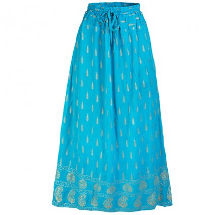 Dlouhá indická sukně z rayonu se zlatým tiskem tyrkysová