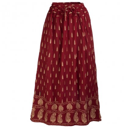 Dlouhá indická sukně z rayonu se zlatým tiskem vínová