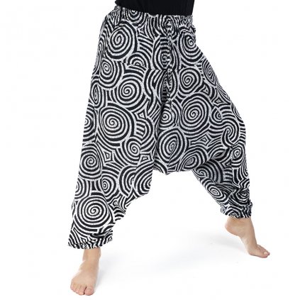 Bavlněné harémové kalhoty spirály černobílé