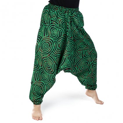 Bavlněné harémové kalhoty spirály zelené