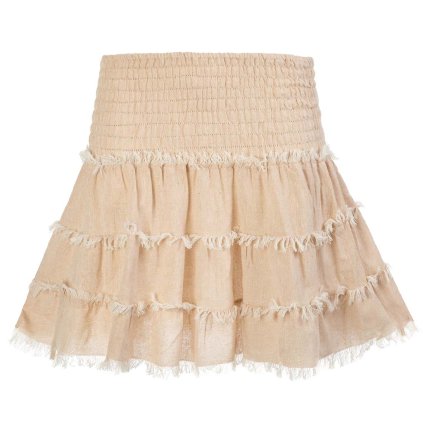 Třepená krátká sukně z bavlny s žabičkováním světle lněná