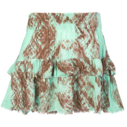 Třepená krátká sukně z bavlny batikovaná hnědozelená